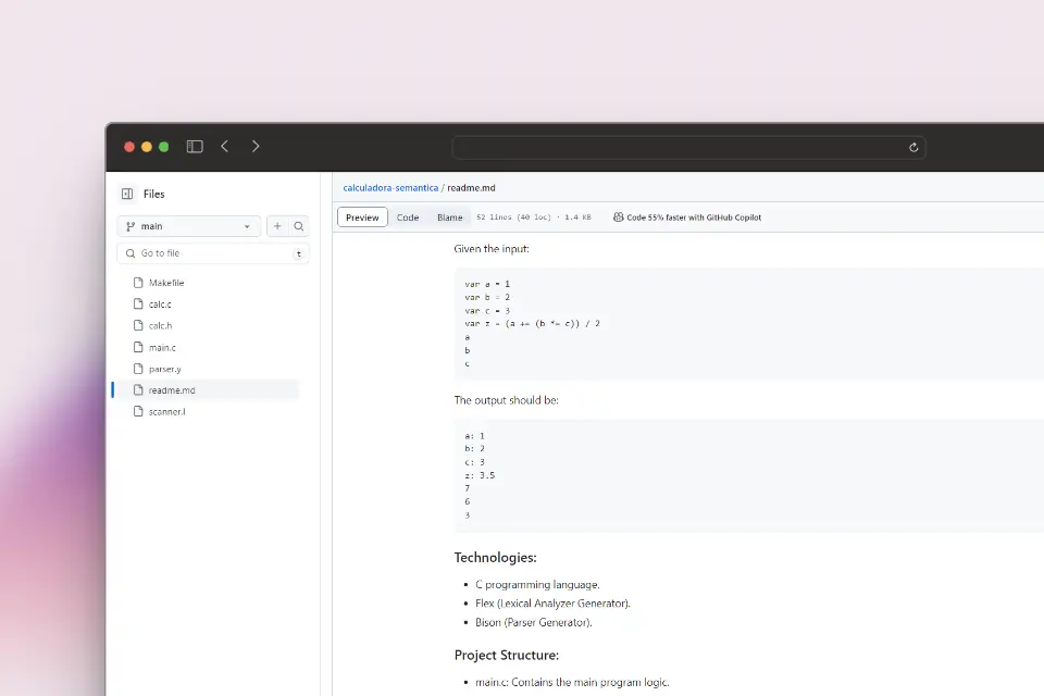 This project aims to create a fully functional calculator with semantic routines and dictionary handling recognition. It utilizes Flex to recognize a language with tokens such as Identifier, Integer, and Hexadecimal, as well as error tokens for general errors. Additionally, Bison is used to implement syntax grammar and a symbol table.